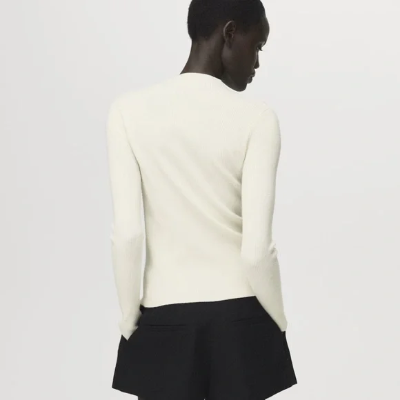 Mango XL Ivory Fine Knit Ribbed Mock Neck Mini Button Front Wool Blend Cardigan - Picture 2 of 16